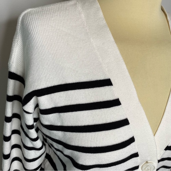Loft White and Black Striped Button Front Long Sleeve Cardigan Sweater - Picture 4 of 10